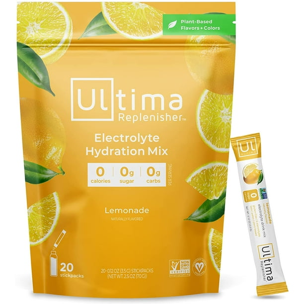 Ultima Replenisher Electrolyte Hydration Powder, Lemonade, 20 Count Stickpacks Pouch Sugar