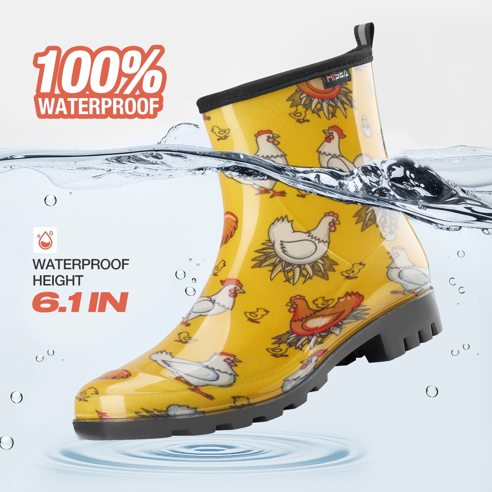 Waterproof Women's Ankle Rain Boots, Non-slip Short Garden Boots，Yellow Chicken Size 8