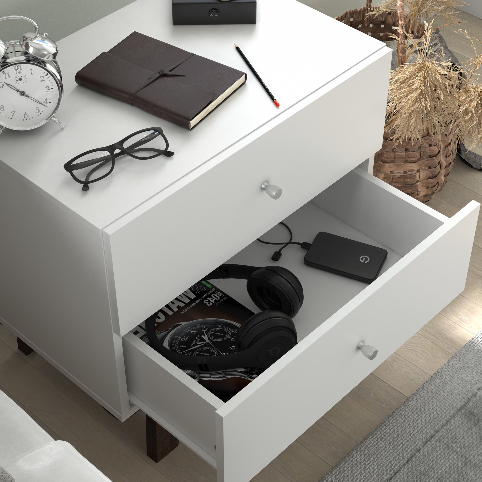 Kincaid Wood 2-Drawer Nightstand, Matte White, by Hillsdale Living Essentials
