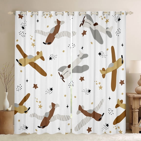 Feelyou Vintage Brown Helicopter Black Out Curtains, Cartoon Airplane Curtains Pack of 2 (42x63 Each), Teen Boy Girl Kid Bedroom Curtains, Living Room Curtains Decor