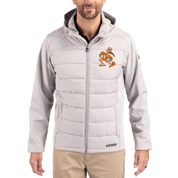 Men's Cutter & Buck Gray Miami Hurricanes Evoke Hybrid Eco Softshell Recycled Full Zip Hooded Jacket