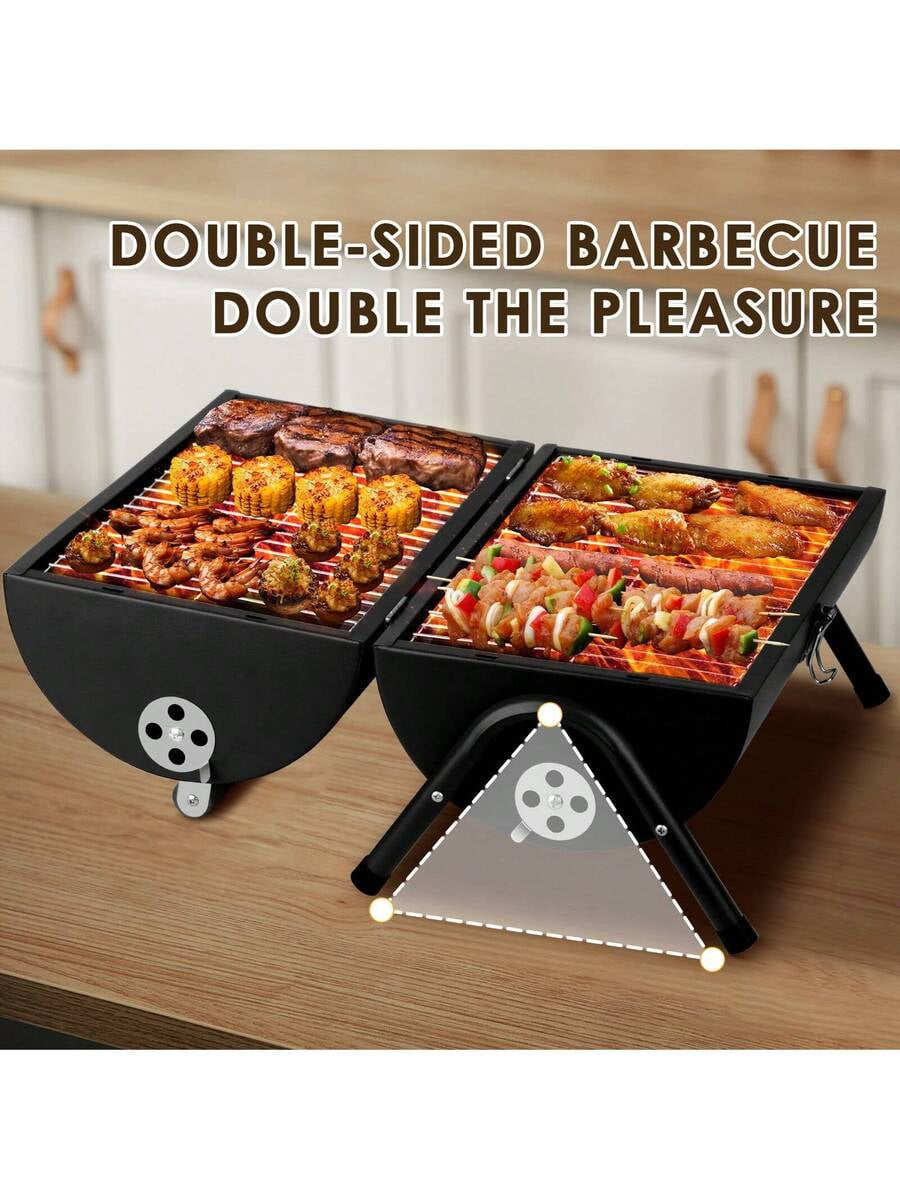 Portable Charcoal Grill and Compact Barrel Smoker, Foldable Double-Sided BBQ Grill for Camping and Tailgating, Stainless Steel with Wood Handle, Black