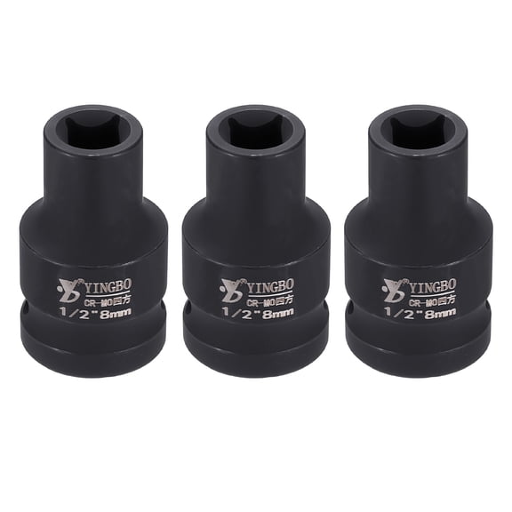 Uxcell 3pcs 4 Point Square Socket 1/2" Drive 8mm Metric Square Impact Socket 1.6" (40mm) Long 40CR Steel Phosphating Standard Wheel Sleeve Tool for Auto Repair Mechanical Home Use