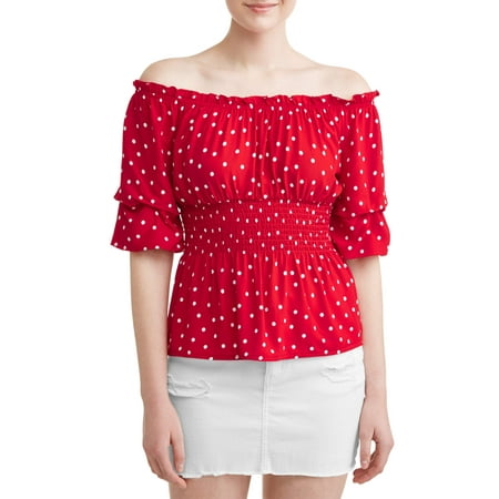 - Juniors' Polka Dotted Smocked Flounce Sleeve Blouse