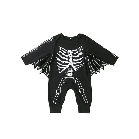 

Frobukio Halloween Baby Boys Jumpsuit Spring Autumn Creative Bone Printing Batwing Long Sleeve Romper Black 6-9 Months