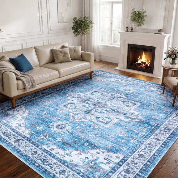 Wondiair 5x7 Machine Washable Area Rug, Soft Non-Slip Low Pile Indoor Rug, Vintage Floral Rug for Living Room, Bedroom, Hallway (Dusty Pink Gray Blue)