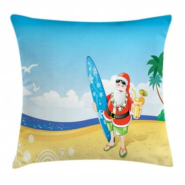 Christmas Decorations Throw Pillow Cushion Cover, Santa on Beach with Surfboard Summer Party Celebration Tropical Art, Decorative Square Accent Pillow Case, 20 X 20 Inches, Blue Yellow, by Ambesonne