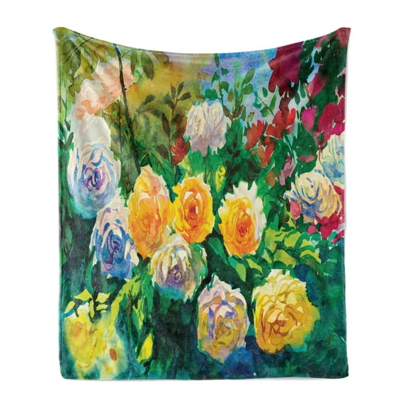 Watercolor Soft Flannel Fleece Throw Blanket, English Garden Painting with Colorful Roses and Other Flowers Print, Cozy Plush for Indoor and Outdoor Use, 60" x 80", Multicolor, by Ambesonne