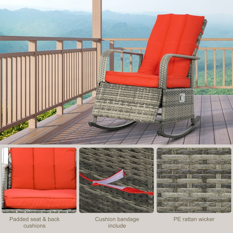 Outsunny Adjustable Patio Rattan Leisure Chair, Outdoor Relax PE Rattan Recline Lounge Furniture, w/ Cushion & Armrest - Red