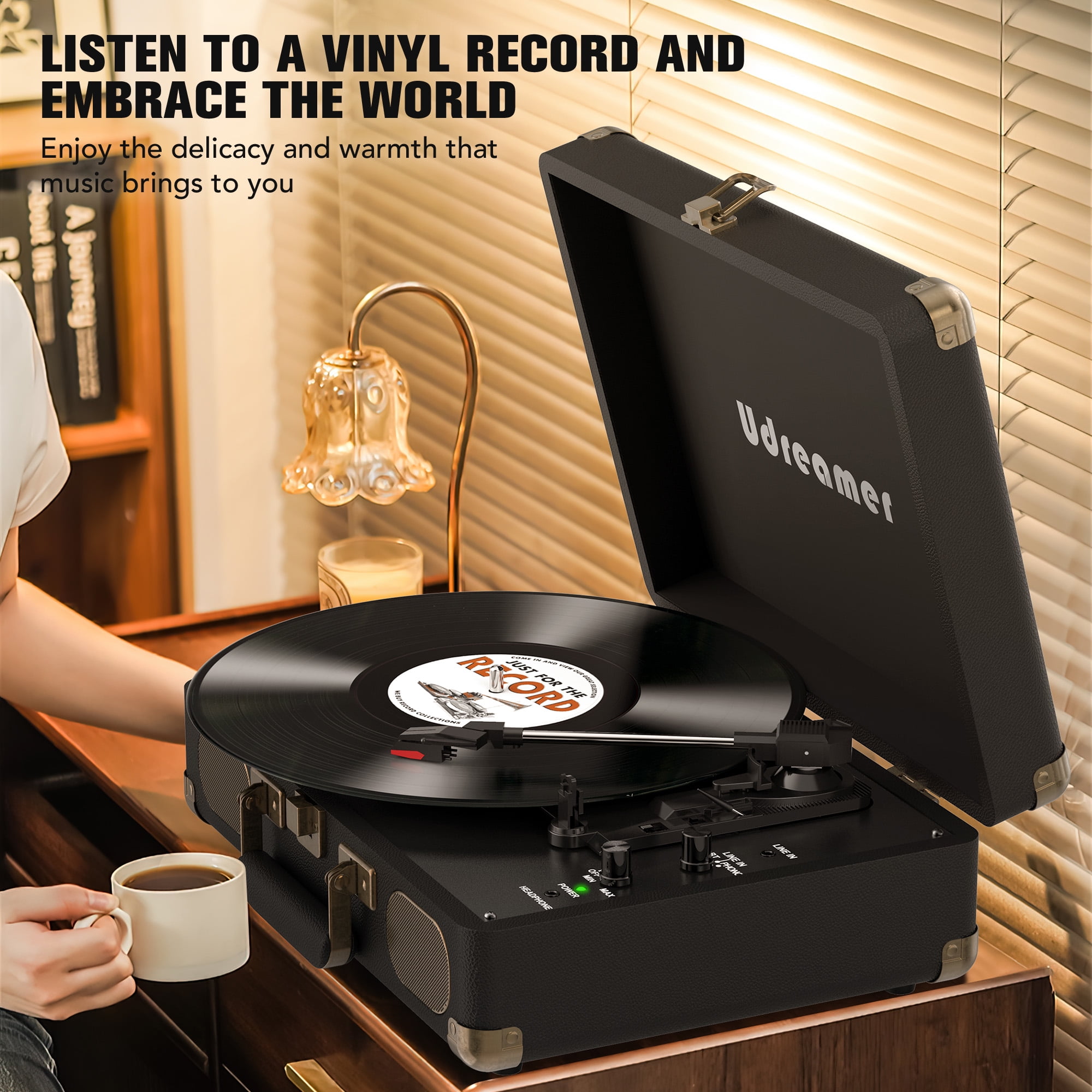 Udreamer Vinyl Record Player with Speakers,Turntables for vinyl records,Portable Suitcase Vinyl Player (tocadiscos de vinilo),Black