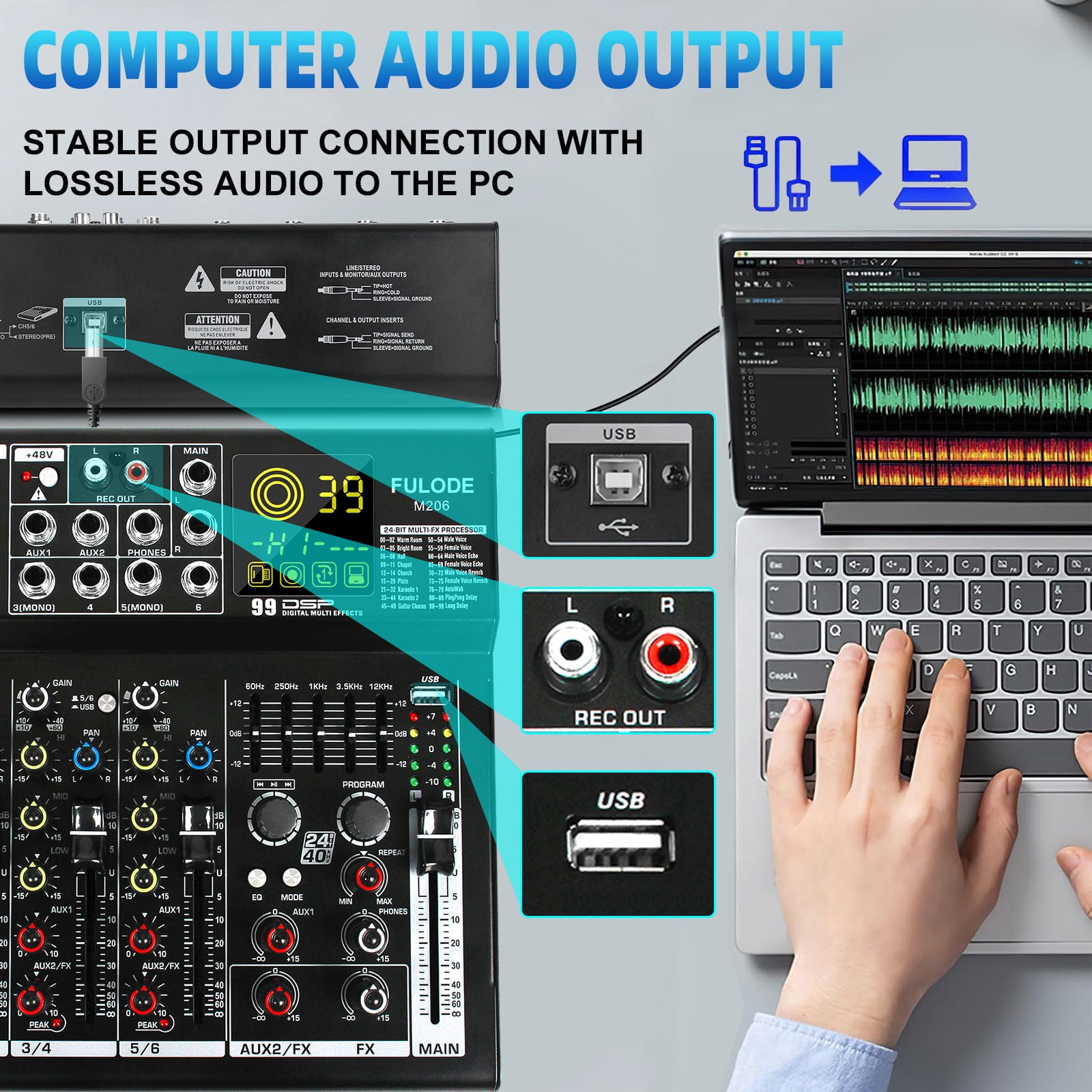 6 Channel Mixer Audio, Professional Music Sound PA Mixer DJ Mixing Board Console with 99 DSP Effects, 5-band EQ, Bluetooth, USB Interface, 48V Phantom Power for Recording Stage Karaoke