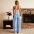 thumbnail image 5 of Domzest Striped Pants for Women Drawstring Elastic High Waist Wide Leg Linen Blend Trousers Casual Comfy Palazzo Pants with Pockets Light Blue XXL, 5 of 5