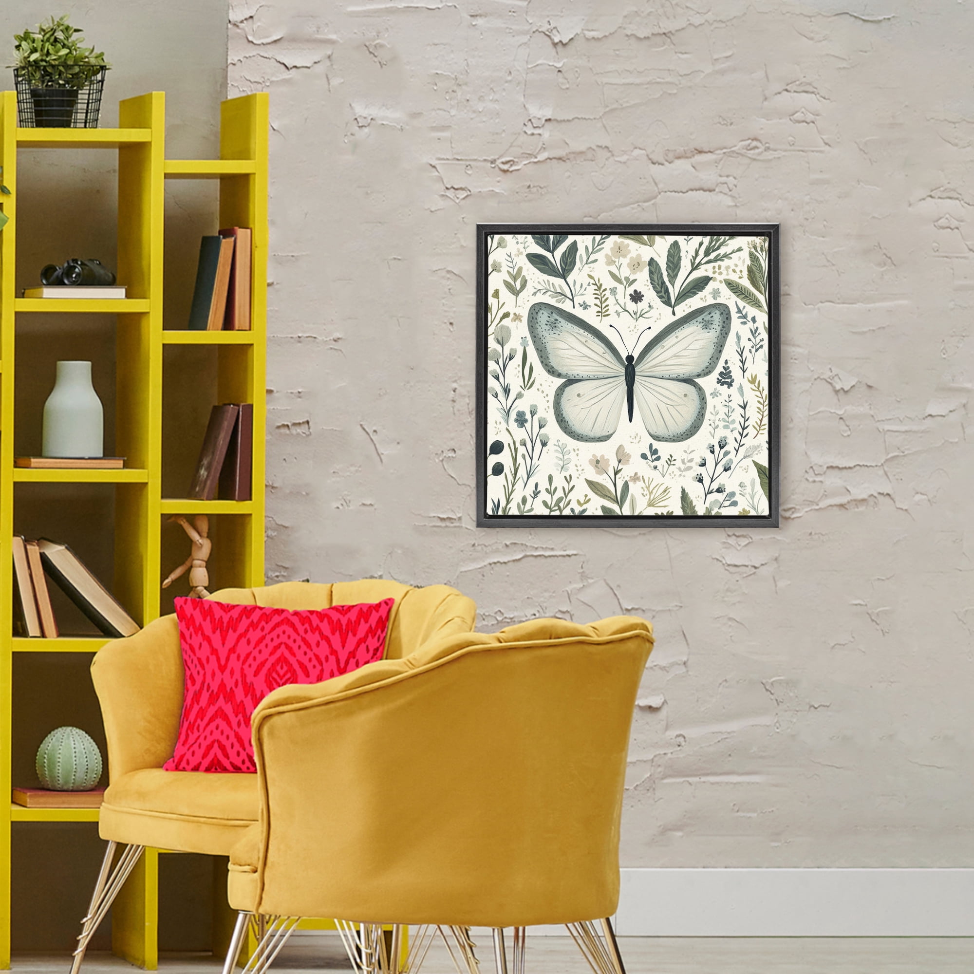 Stupell Industries Dusty Blue Butterfly Botanicals Black Framed Floater Canvas Wall Art, design by Petal Prints Design