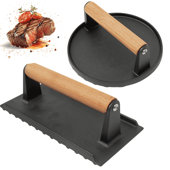 Smash Burger Press Set, 7" Round Burger Smasher & 8" x 4" Cast Iron Bacon Press for Griddle BBQ