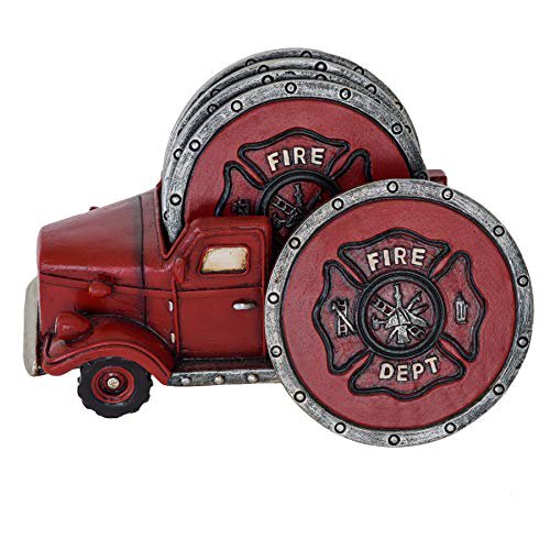 Fire Truck Coaster Set of 5 Firefighter Kitchen Table Coasters Set Rustic Home Decor Living
