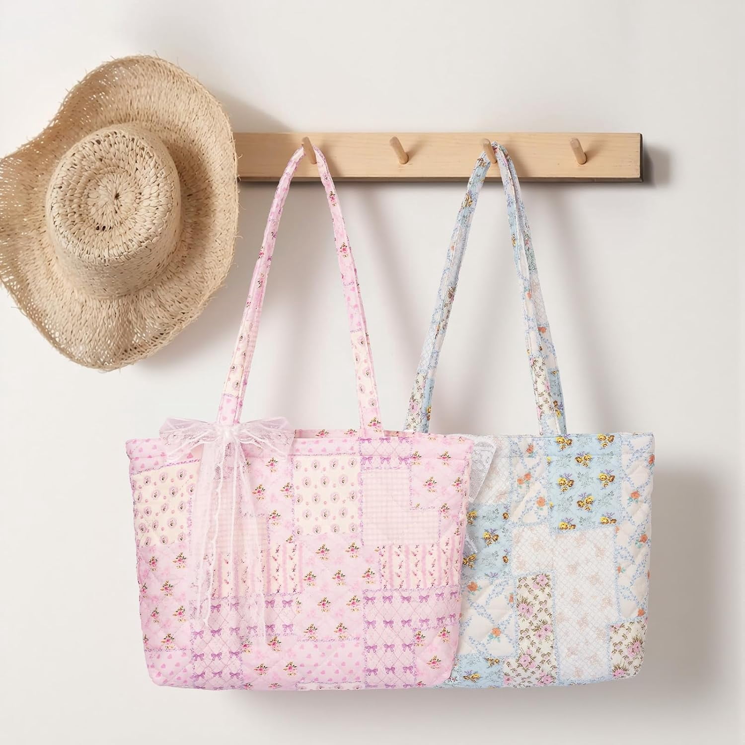 Quilted Small Tote Bag for Women, Lightweight Floral  Bag,Soft College Travel Work Bag Everyday Purse