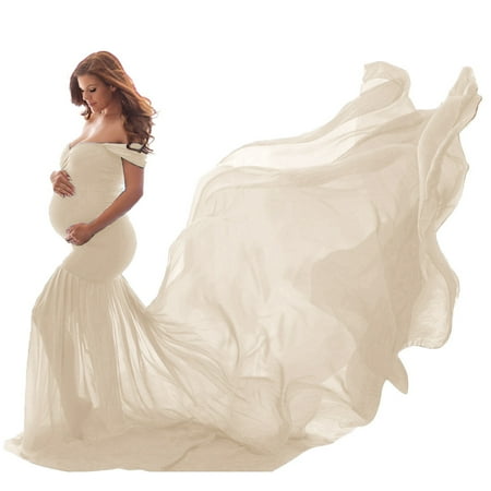 

Sodopo Maternity Dress for Photoshoot Womens Off Shoulder Mermaid Chiffon Gown V Neck Elegant Fit Long Maxi Dress Photography Pregnant Baby Shower Dress for Photo Prop