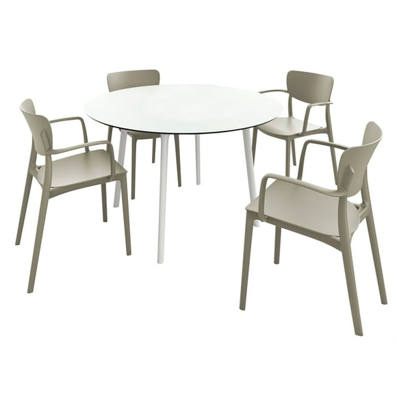Lisa Round Dining Set with 47 inch White Table and Taupe Armcairs