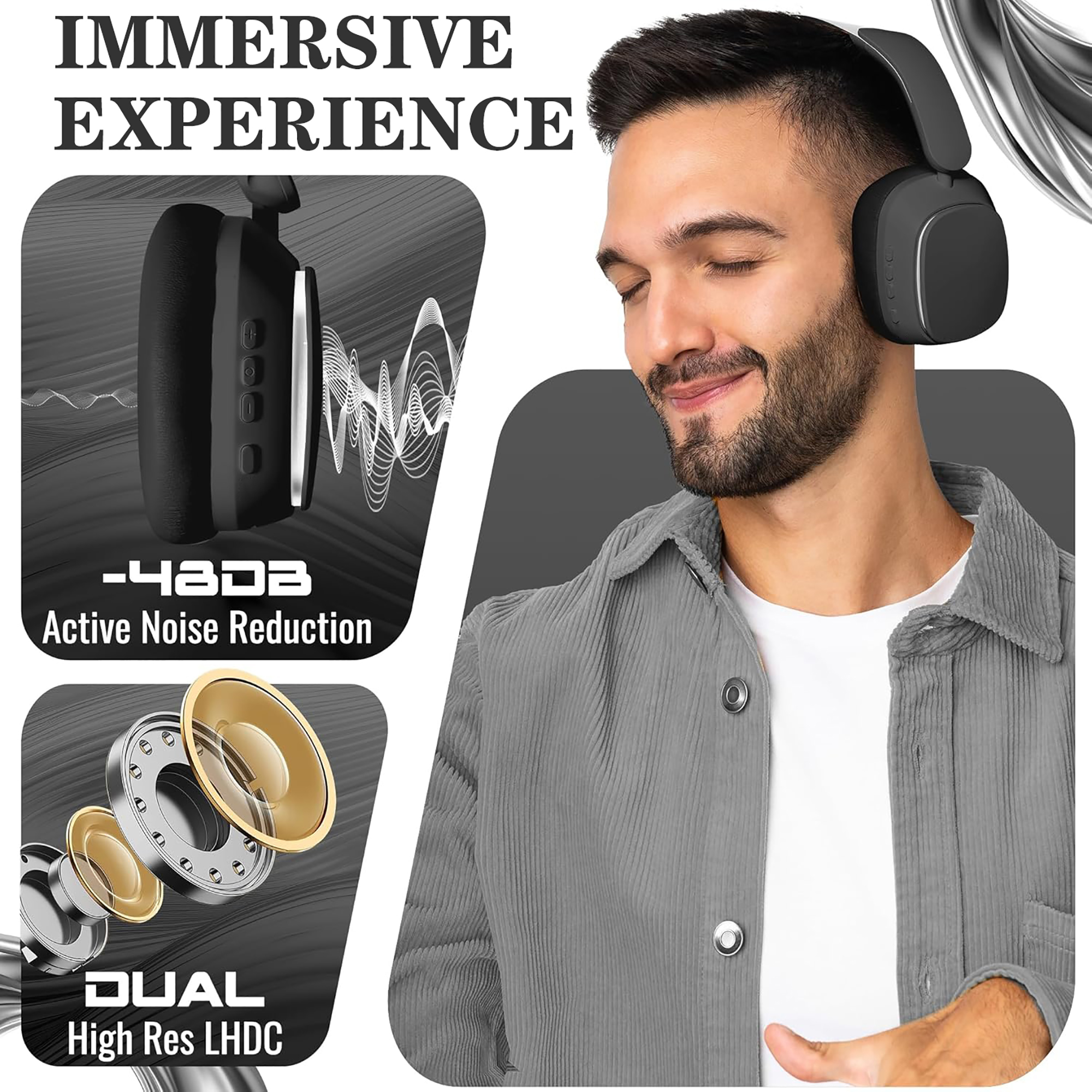 Wireless Bluetooth 5.4 Over-Ear Headphones, Active Noise Canceling ANC, 400mAH Battery, Foldable, Built-in Mic, Soft Earpads, Adjustable for Gym, Work, Travel, iOS/Android