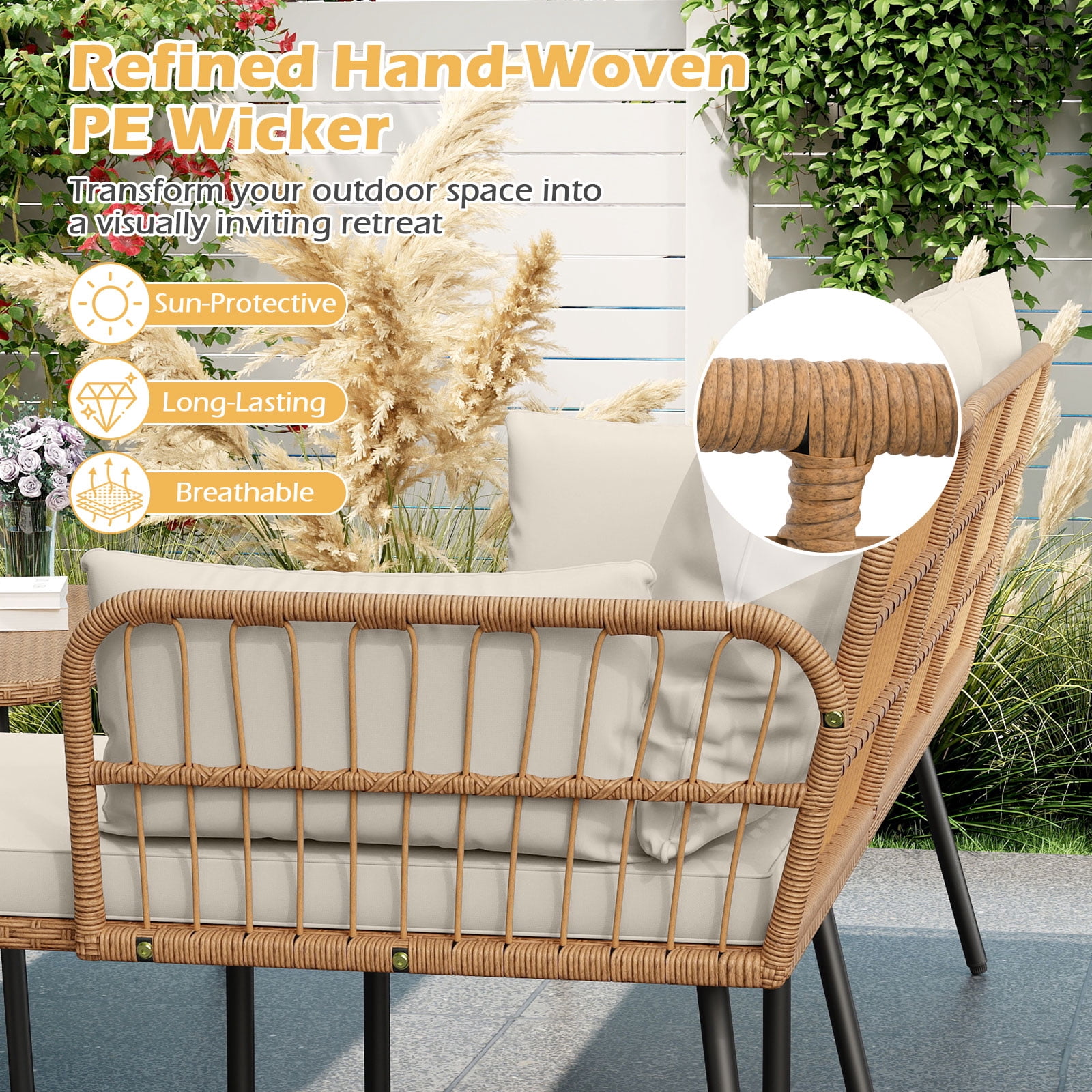Costway 3 Pieces L-Shaped Patio Furniture Set with Coffee Table, Removable Cushions Mix Yellow + Off White/ Light Brown + Beige