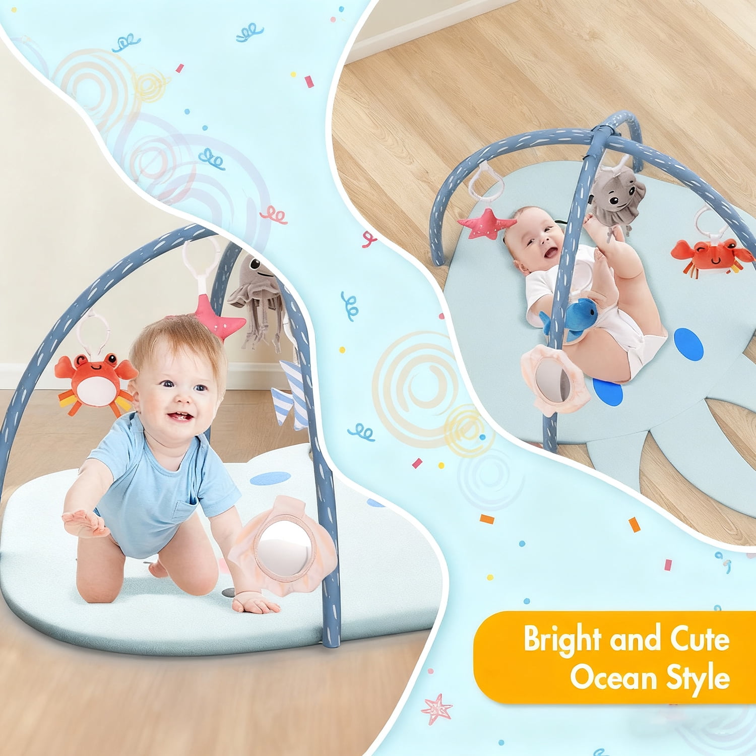 OMZER Baby Play Gym Mat for Infant & Newborn, Baby Activity Mat with 6 Detachable Hanging Toys for Sensory & Motor Skill Development, Ocean Style Playgym