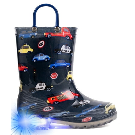 

Toddler Boys Rain Boots Little Kids Baby Light Up Rubber Printed Waterproof Car Navy Mud Insulated Shoes Lightweight Adorable with Easy-on Handles Non Slip Size 1