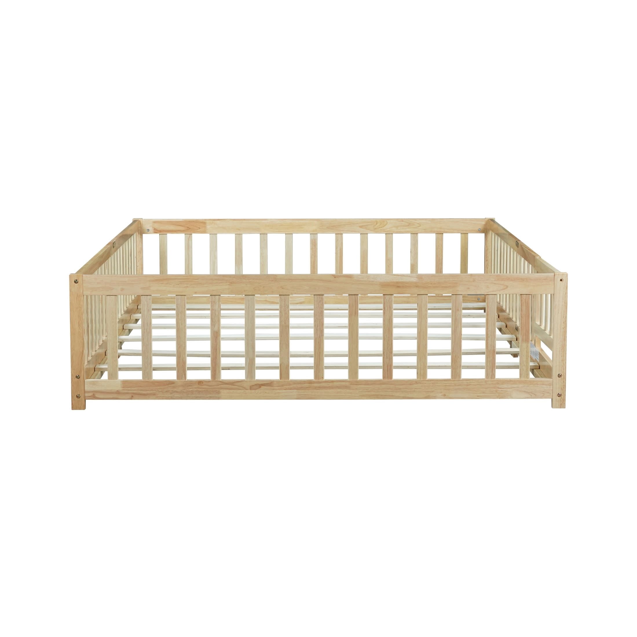 Noble House Queen Floor Bed with Safety Guardrails and Door, Rubber Wood Montessori Bed, Kid's Room, Natural
