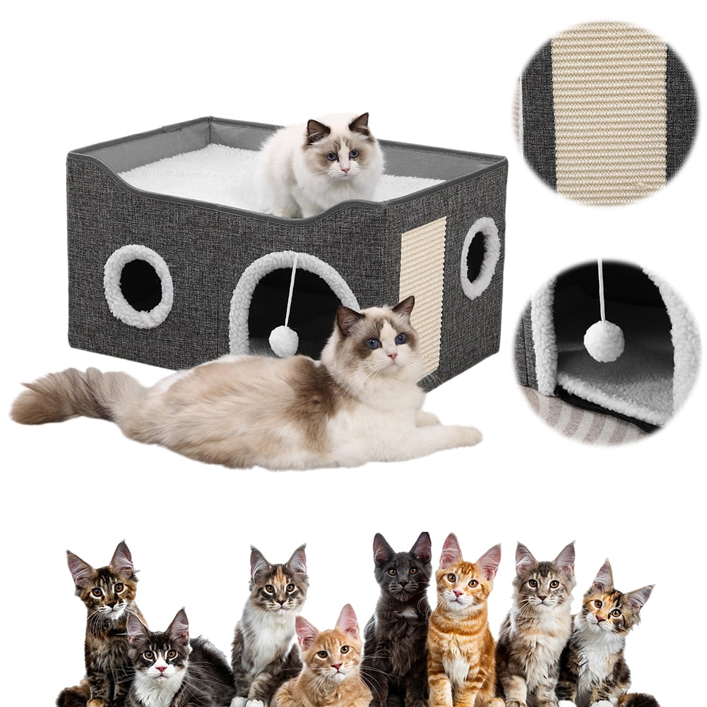 Large Cat Bed Cave Cat Hideaway, Foldable Cat Scratcher House, Big Cat Bed for Idoor, Cute Cave with Ball Toy, Fabric Pet Furniture, Big Condo for Multi Small Pet Large Kitten Kitty