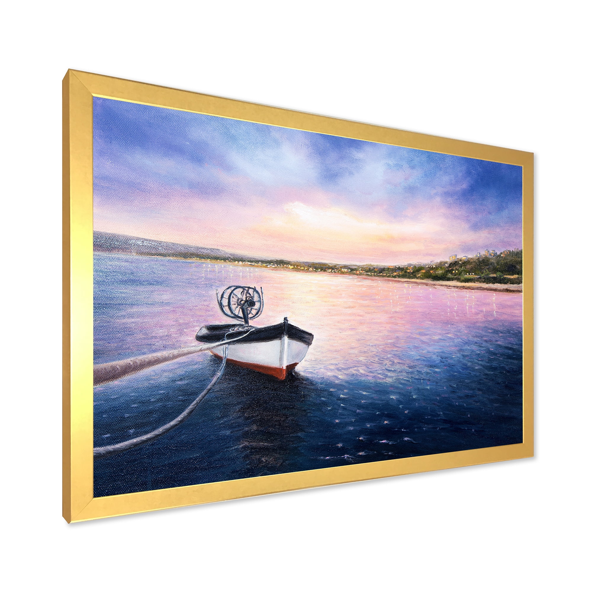 Designart 'VIbrant Sunset Over Fishing Boat By The Shore' Lake House Framed Art Print
