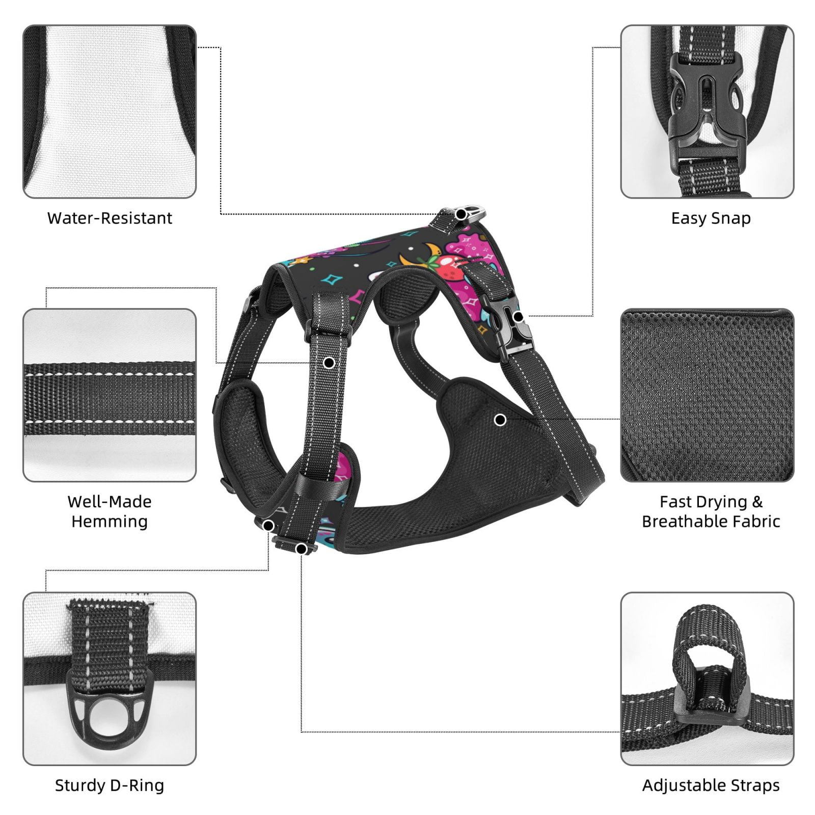 Vsdgher Cat Icecream Pattern Dog Harness,No Pull Pet Harness with Soft Padded Handle,Adjustable Reflective Vest with 2 Buckles,4 Slide Buckles,S-XL X-Large