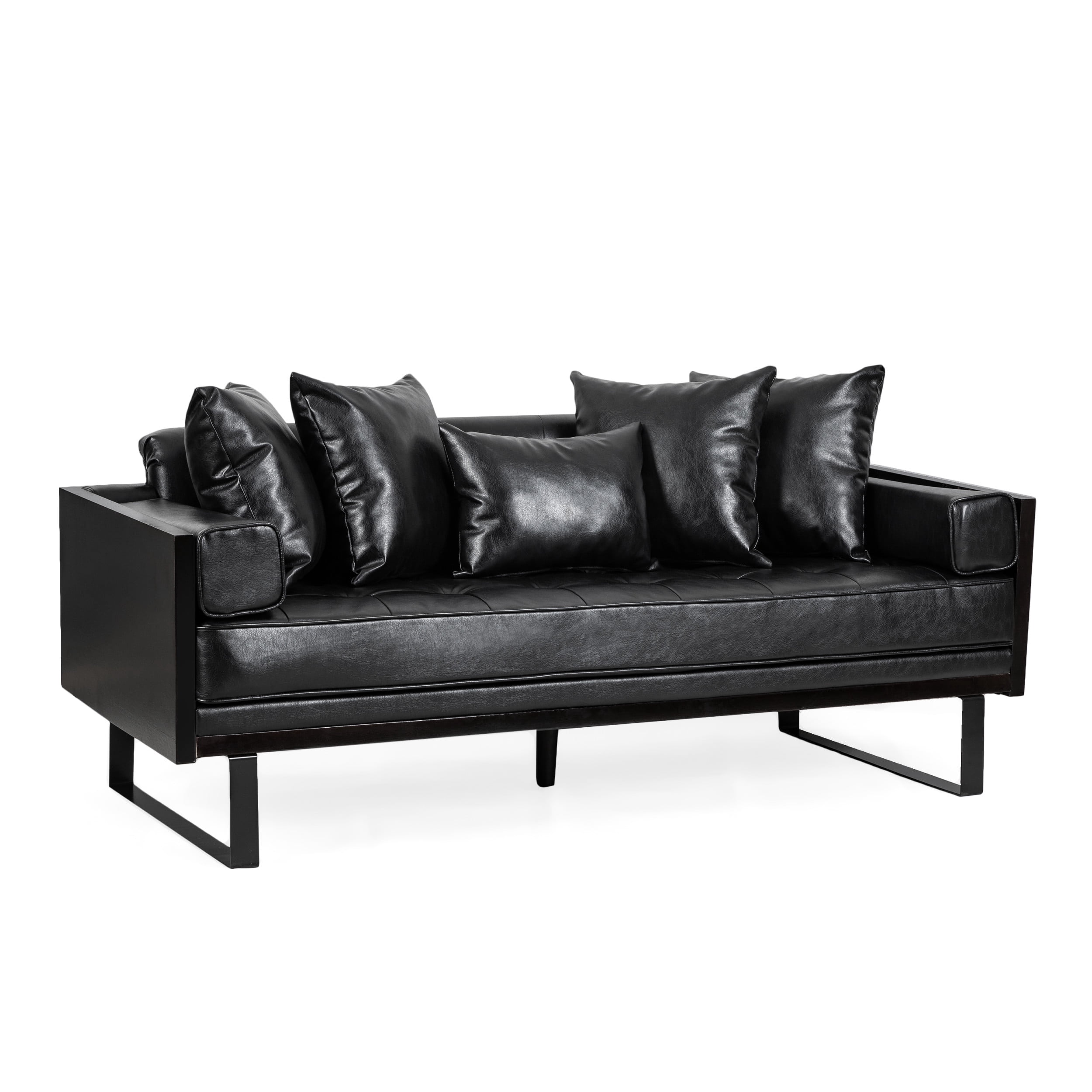 Noble House Gould Faux Leather Upholstered Oversized Loveseat with Accent Pillows, Midnight Black and Black