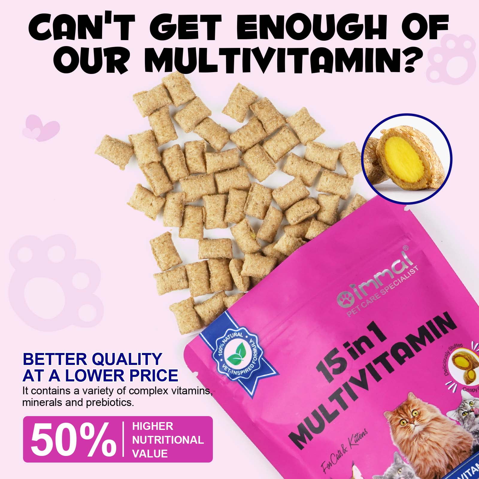 Oimmal Cat Multivitamin Chews, Chicken Flavor Cat Vitamins Treats - 15-in-1 Daily Supplement for Skin & Coat, Heart, Brain, and Digestive Health, Delicious Crunchy & Creamy - 4Pack