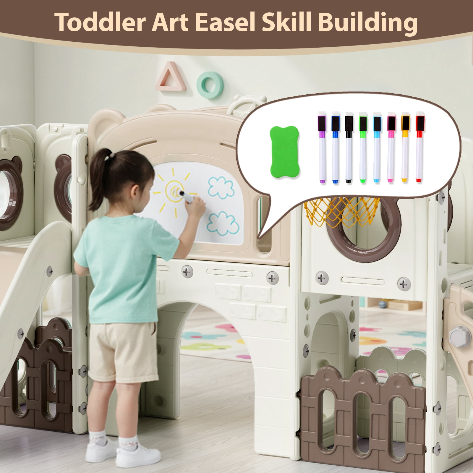 LAZY BUDDY 10 in 1 Toddler Slide Set, Kids Slide and Climber Playset with Basketball Hoop, Drawing Board, Telescope, Indoor Outdoor Playground