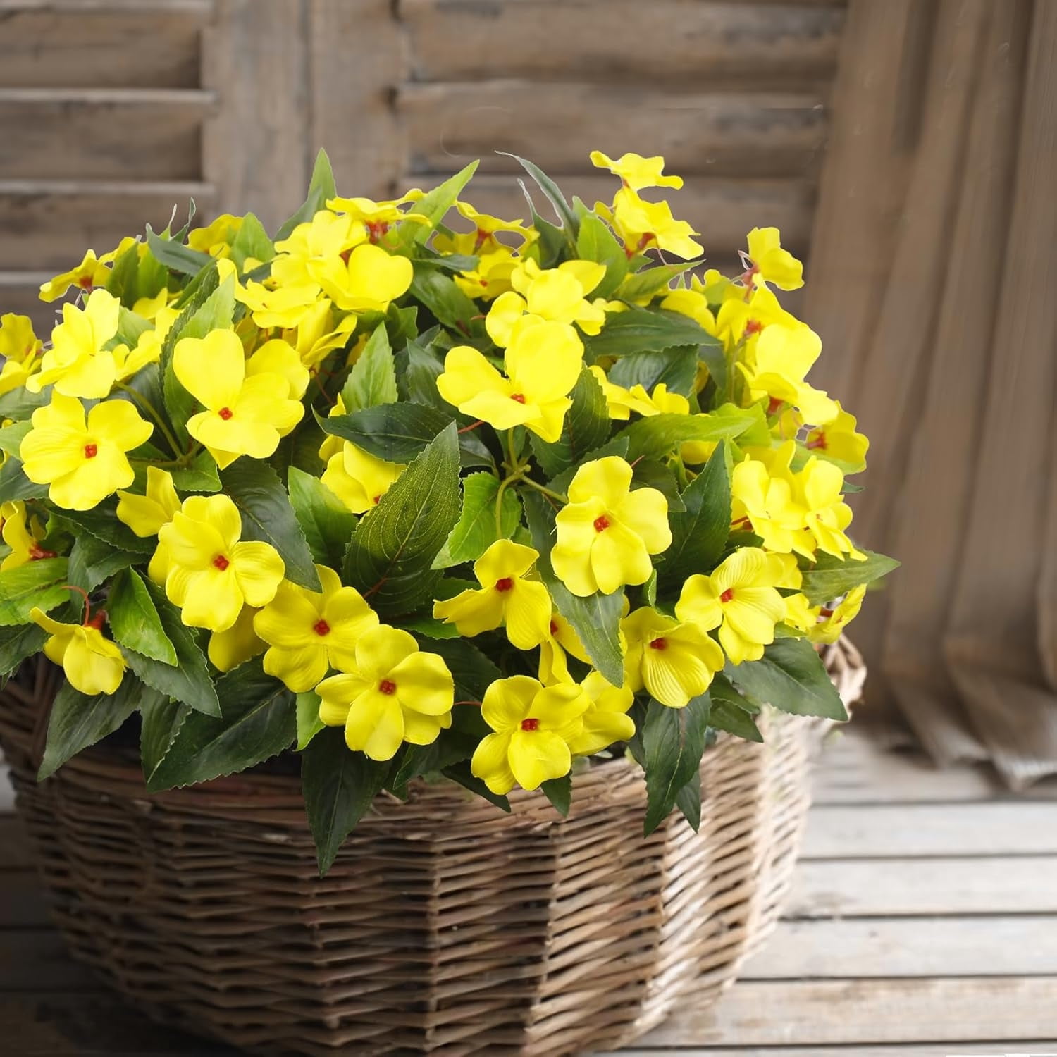 Topboutique Artificial Impatiens Flowers for Outdoors 4 Pcs 7 Branches Silk Flowers Greenery Bouquet Faux Yellow Flowers Plants Fake Plant for Planter Front Door Porch Patio Table Indoor Decor