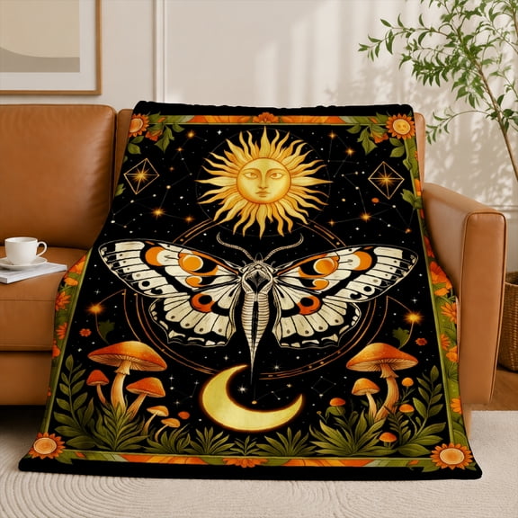 SPXUBZ Sun Butterfly Mushroom Flannel Fleece Blanket Bohemian Nature Throw Blanket Botanical Fantasy Pattern Soft Cozy Blanket Decor 50"x40"