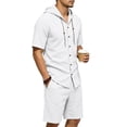 thumbnail image 5 of LEKWK Men Linen Sets Outfits 2 Piece Short Sleeve Button Down Hooded Tops and Elastic Waist Shorts Lightweight Loose Fit Summer Fashion Beach Vacation Wear, 5 of 9