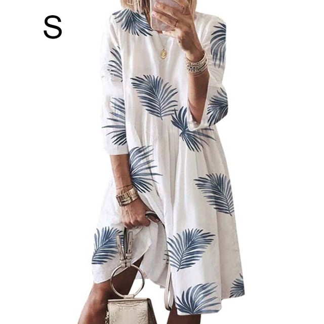 Vestido Mujer Vestido Estampado Vintage Manga 3/4 Paño De Cuello Redondo, Blanco Hoja, S Eigraketly AP002219-25