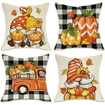 Fall Gnome Pumpkin Decorative Throw Pillow Covers 16x16 Set of 4, Autumn Truck Maple Leaves Buffalo Plaid Check Porch Patio Outdoor Pillowcase, Thanksgiving Farmhouse Cushion Case Home Decor