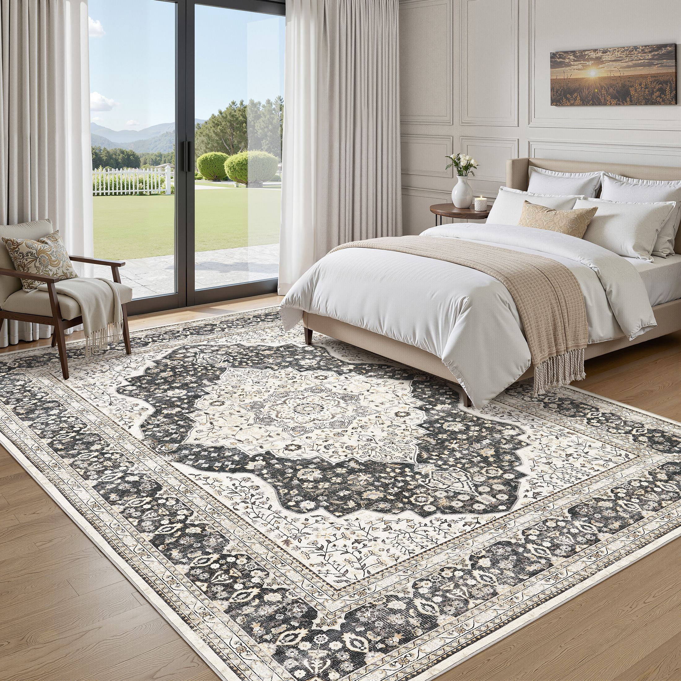 UERMEI 10'x14' Washable Area Rugs for Living Room, Vintage Floral Boho Printed Carpet, Non Slip Indoor Rug for Bedroom Home Decor Carpets - Black