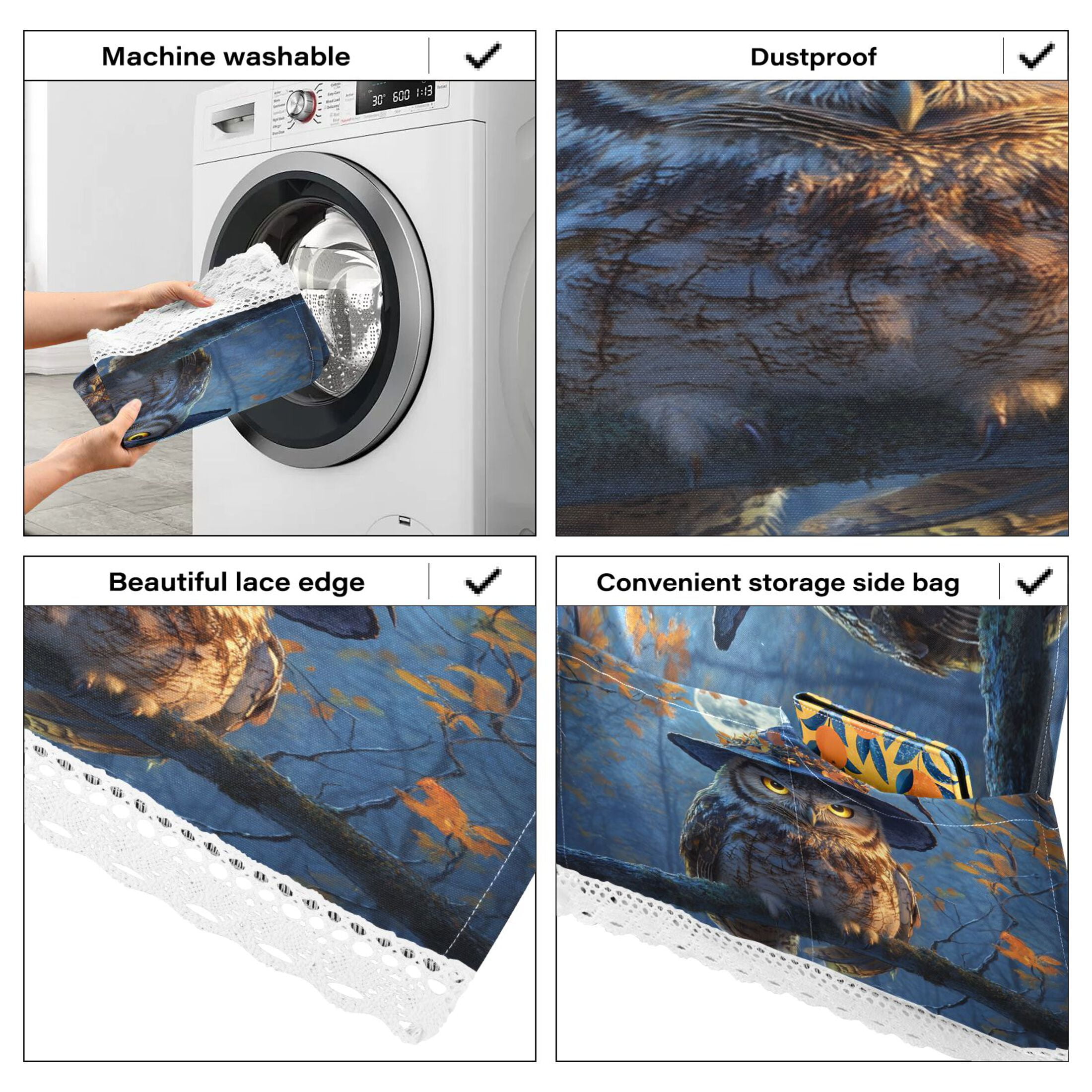 A Wise Old OwlWasher and Dryer Covers Dust-Proof and Oil Resistant Fridge Cover with 4 Storage Pockets Washing Machine Top Cover for Laundry Kitchen Home 51.2 x 22 In