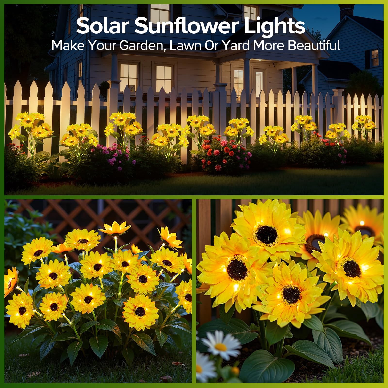 4 Pack with 24 Solar Sunflower Lights Outdoor Waterproof, Bright Solar Sunflower Lights for Lawn Yard Pathway