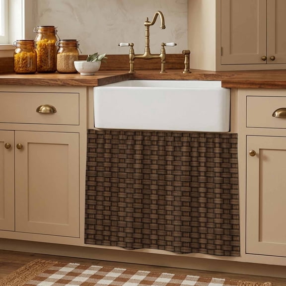 Dark Brown Rattan Small Cabinet Curtains 11"W x 13"L, Vintage Abstract Wicker Texture Sink Skirt Dust-Proof Short Curtain for Bathroom Vanity Storage Cubby Desk, Self Adhesive Privacy Drapes