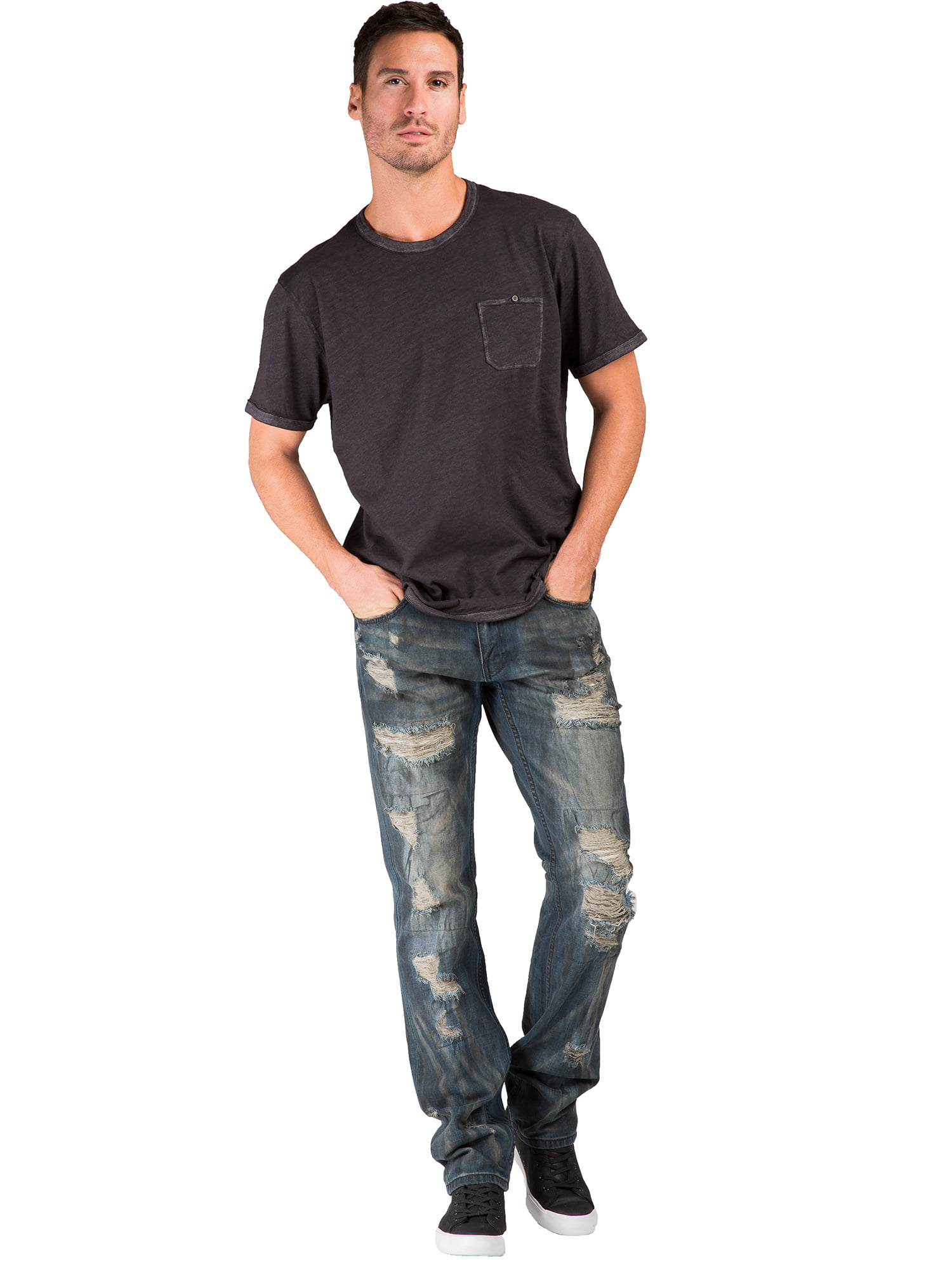 Level 7 Mens Premium Jeans Slim Straight Khaki Tint Destroyed & Mended 