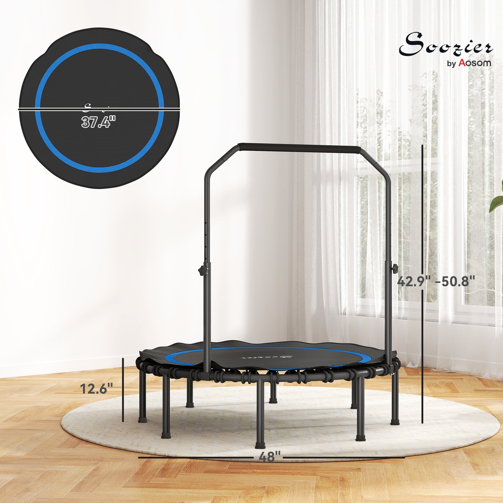Soozier 48" Rebounder Trampoline for Adults, Foldable Mini Trampoline with Adjustable Handle Bar, Bungee Rebounder Jumping Cardio Trainer, Blue