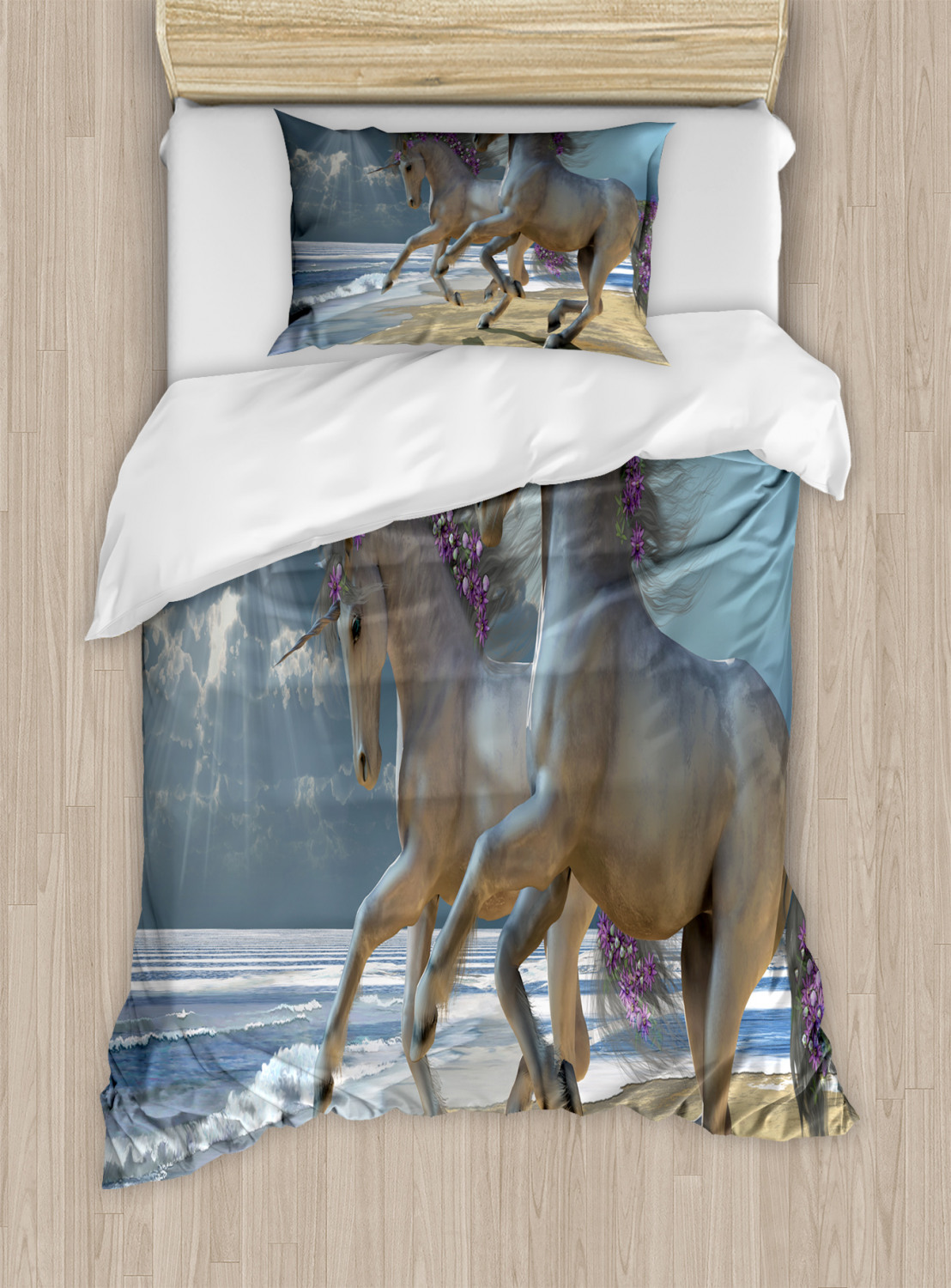 Horse Duvet Cover Set Twin Size, Running Horses by Seashore with Lilac