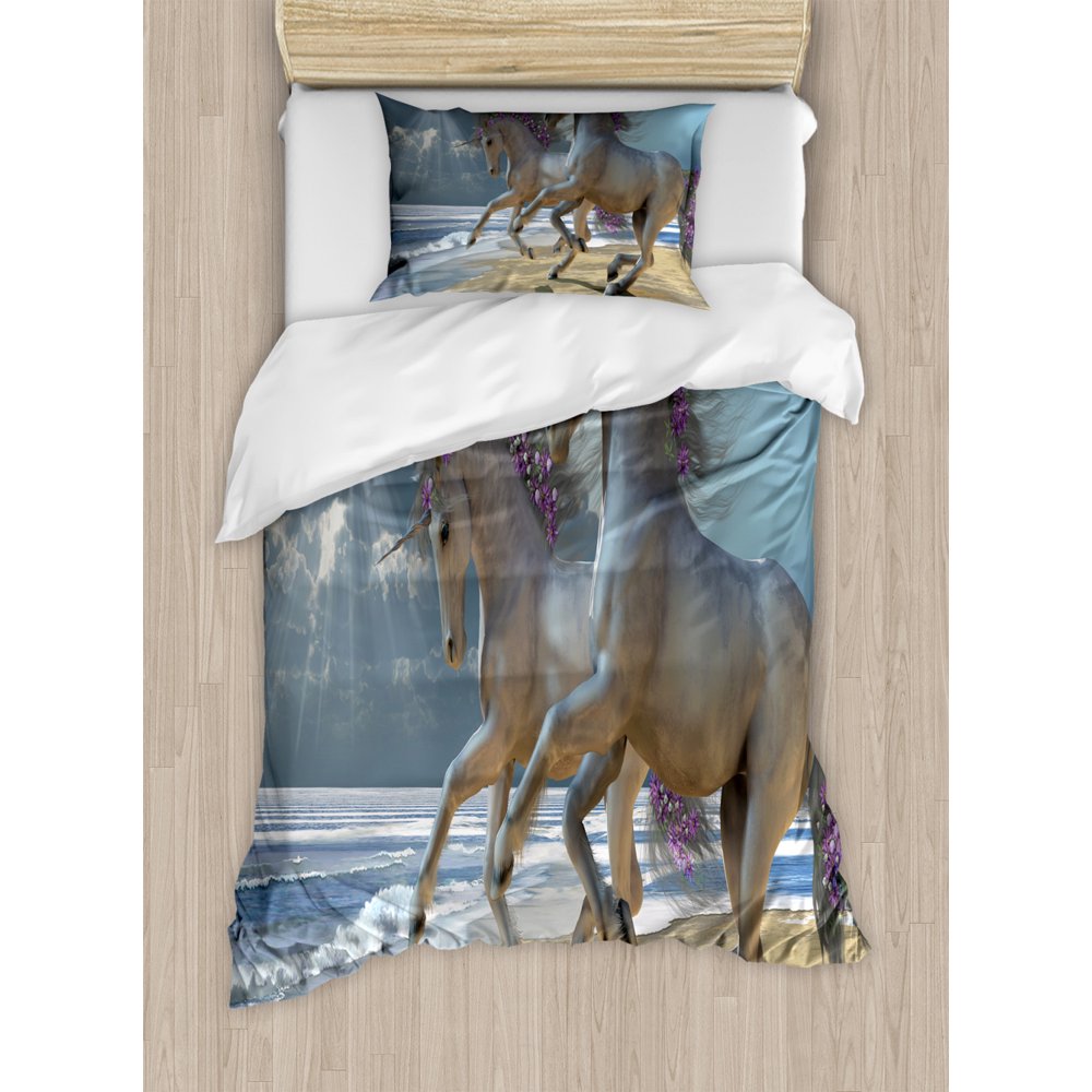 Horse Duvet Cover Set Twin Size, Running Horses by Seashore with Lilac