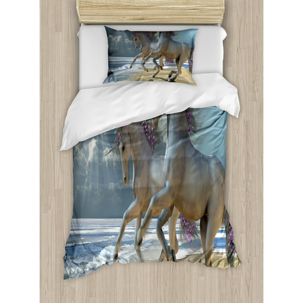 Horse Duvet Cover Set Twin Size, Running Horses by Seashore with Lilac