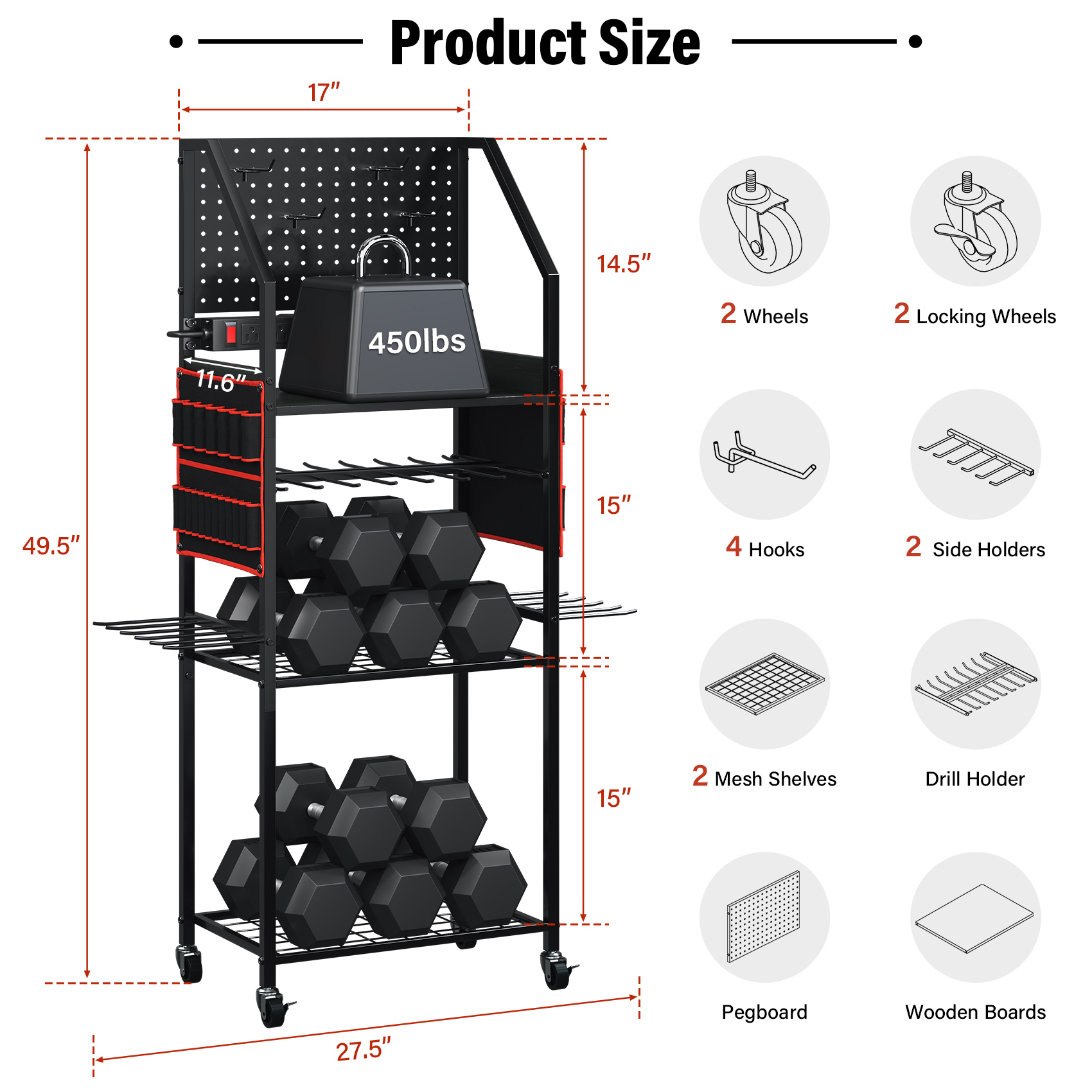 TC-HOMENY Movable Power Tool Organizer Cart w/ 8 Outlets Charging Station, 24 Power Drill Tool Battery Storage Rack for Garage, 3-Tier Tools Organizer with Pegboard, Festive Gifts for Men Dads Father