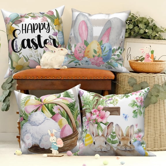 Set of 4 Throw Pillow Cover Easter Bunny Flower,Colorful Rabbit and Eggs Cushion Case Decoration for Sofa Couch,18x18 Inch