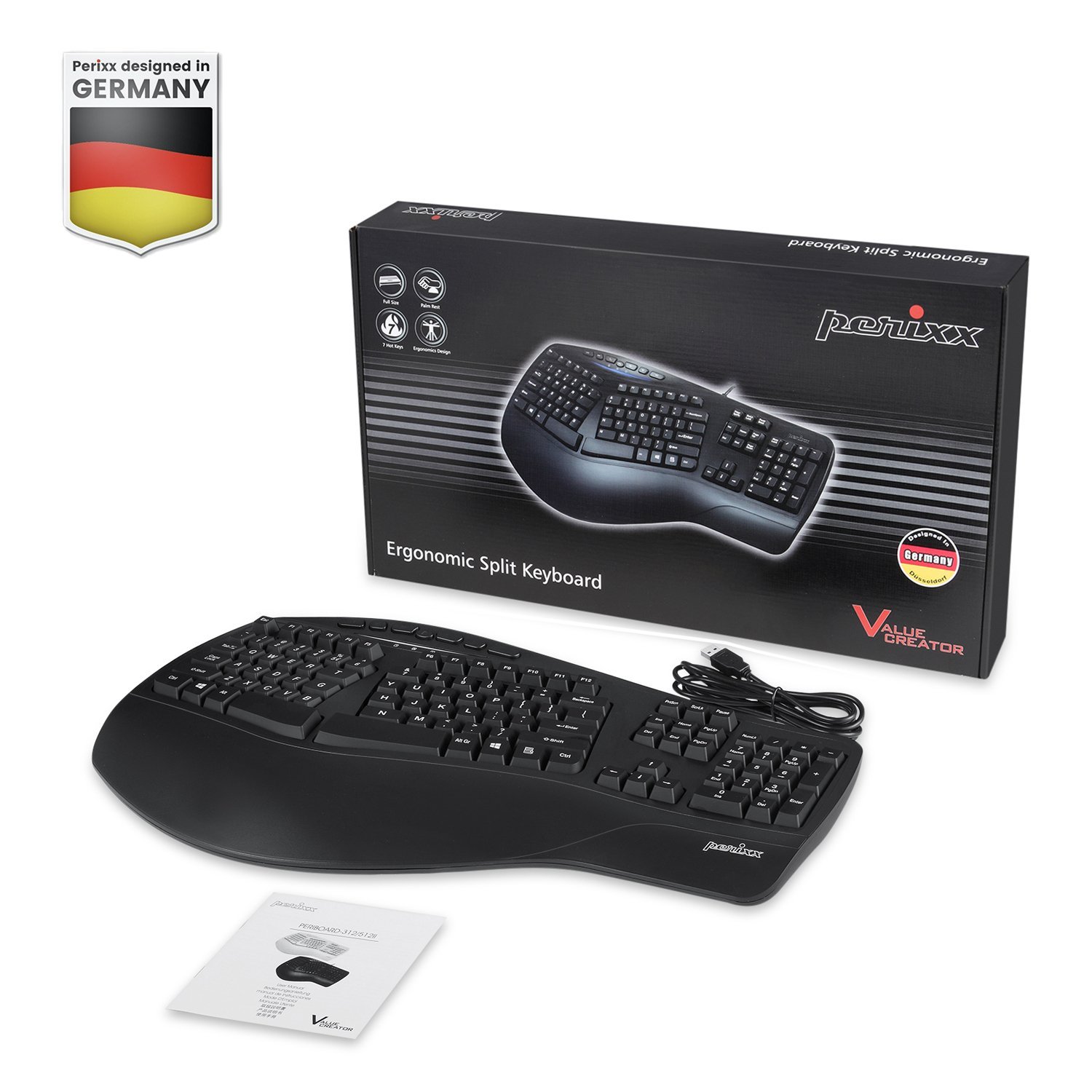 Perixx Periboard-312 - Black - Wired USB Backlit Ergonomic Computer Keyboard - US Layout